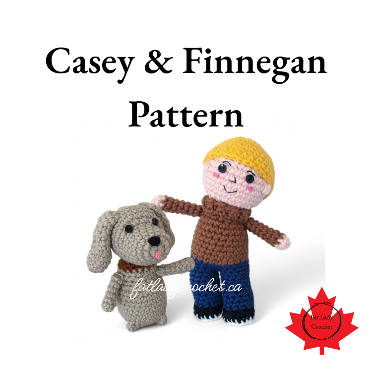 A promotional image advertising the crochet pattern for Casey and Finnegan.