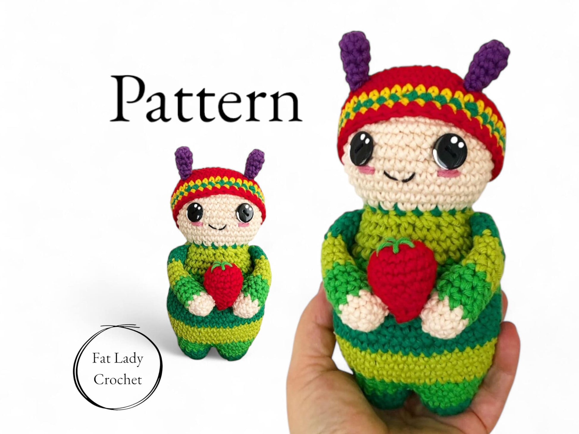 A crochet pattern for a toy resembling a small child dressed like caterpillar with a striped body, wearing a hat, and holding a pink ice cream cone. The image shows the finished toy and the pattern name 'Fat Lady Crochet'.