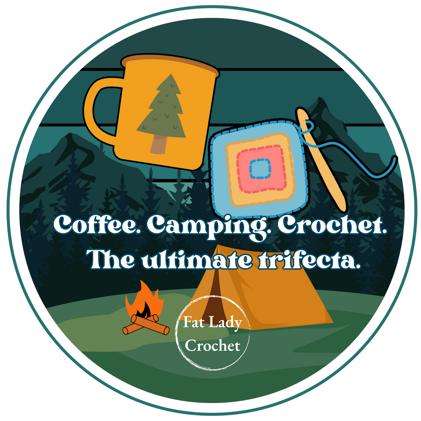 Illustration of a yellow coffee cup with pine tree on it, a blue, yellow and pink granny square with crochet hook set against a forested background with a yellow tent and campfire