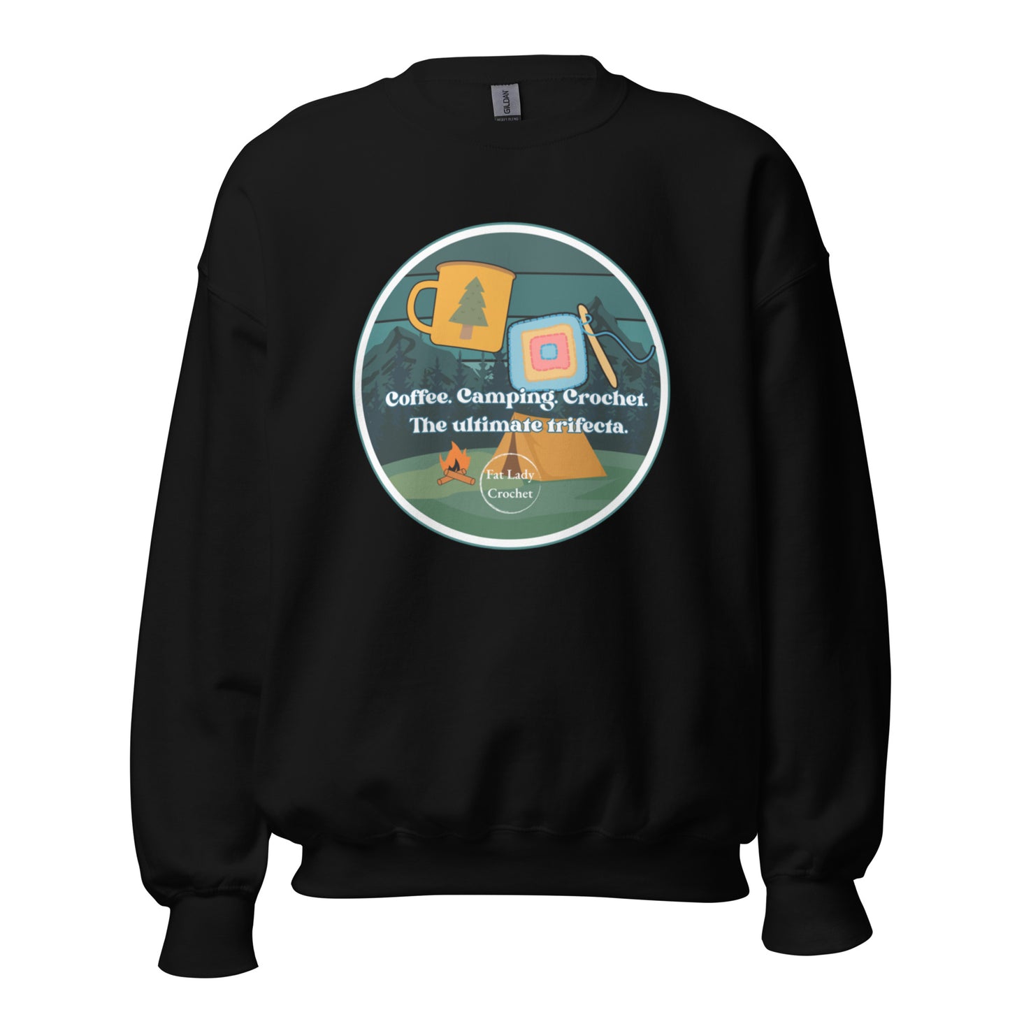 Product mockup of the logo, "Coffee. Camping. Crochet. The ultimate Trifecta," on a black sweatshirt.