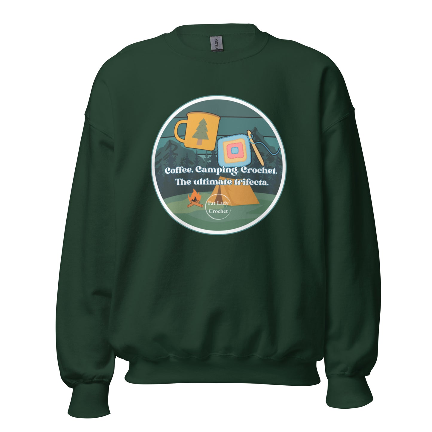 Product mockup of the logo, "Coffee. Camping. Crochet. The ultimate Trifecta," on a dark forest green sweatshirt.