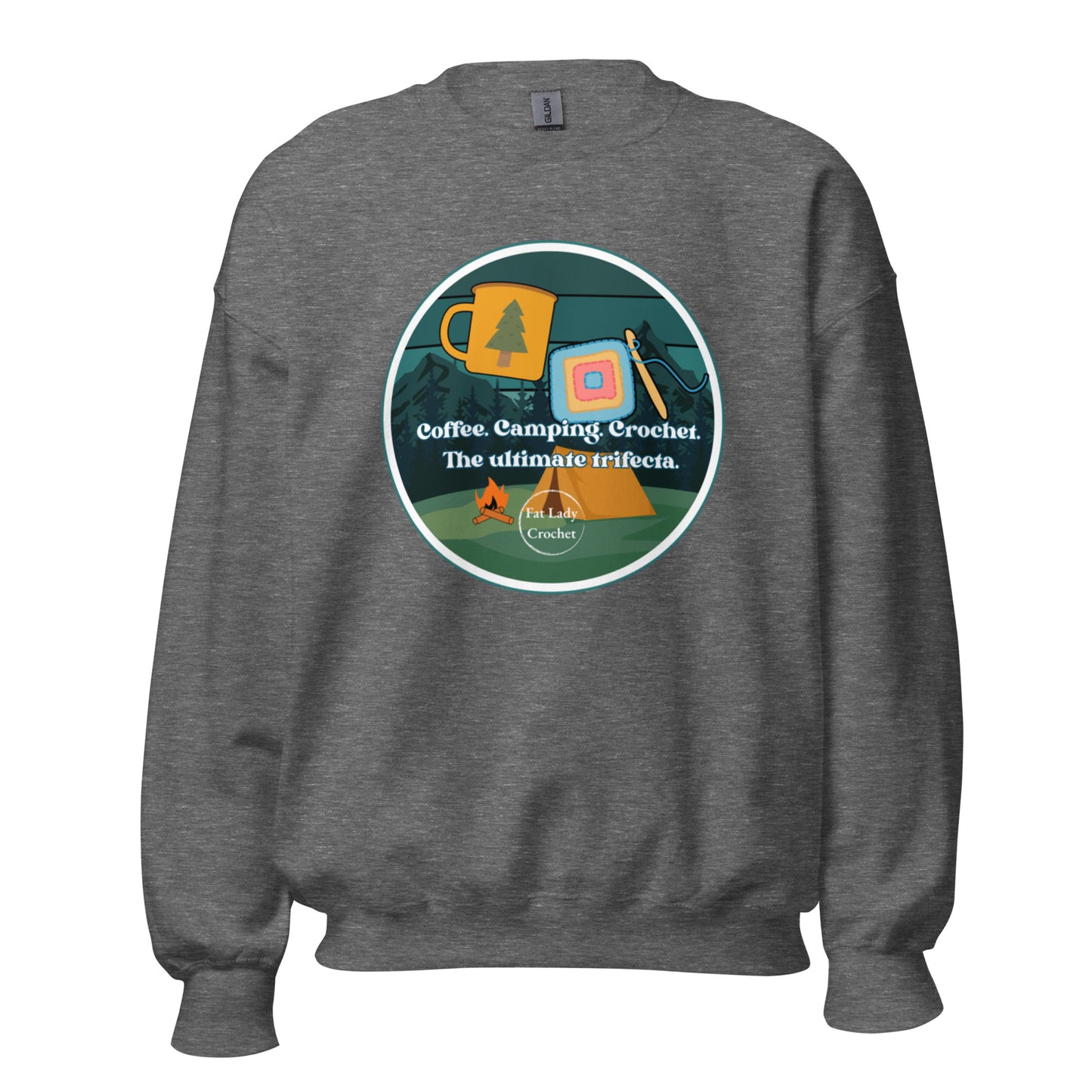 Product mockup of the logo, "Coffee. Camping. Crochet. The ultimate Trifecta," on a grey sweatshirt.