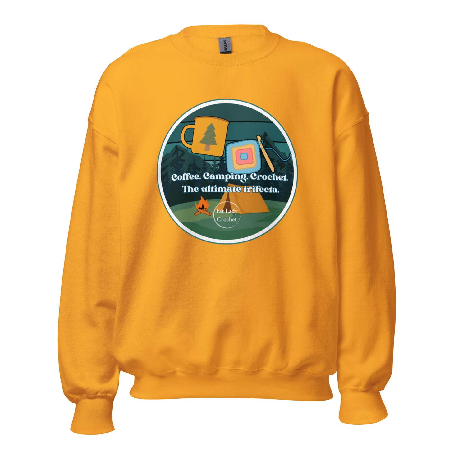 Product mockup of the logo, "Coffee. Camping. Crochet. The ultimate Trifecta," on a warm yellow sweatshirt.