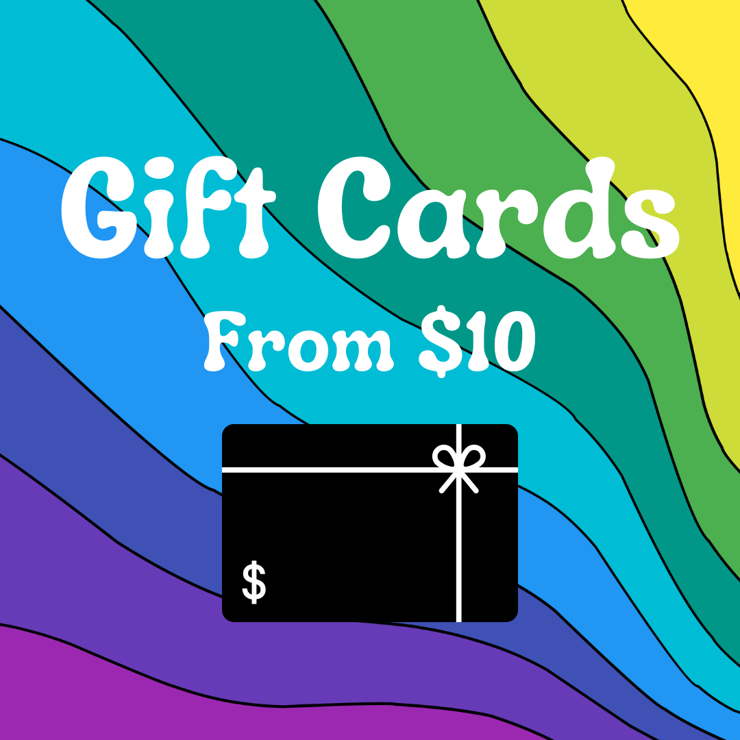A multicolored gift card from Fat Lady Crochet, featuring a black card with a dollar sign and the text 'Gift Cards from $10' set against a colorful, patterned background.