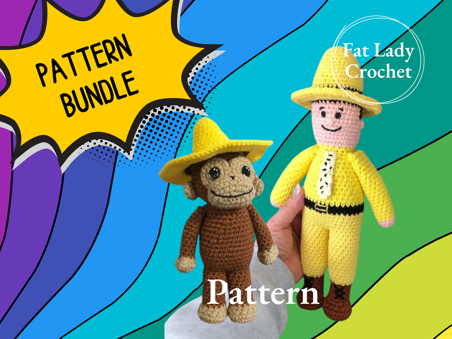 Promotional image featuring two crochet patterns of characters from the Curious George series: Curious George and The Man with the Yellow Hat. The image shows the characters as crocheted toys, with the monkey character in brown and the other character in a yellow hat and suit.