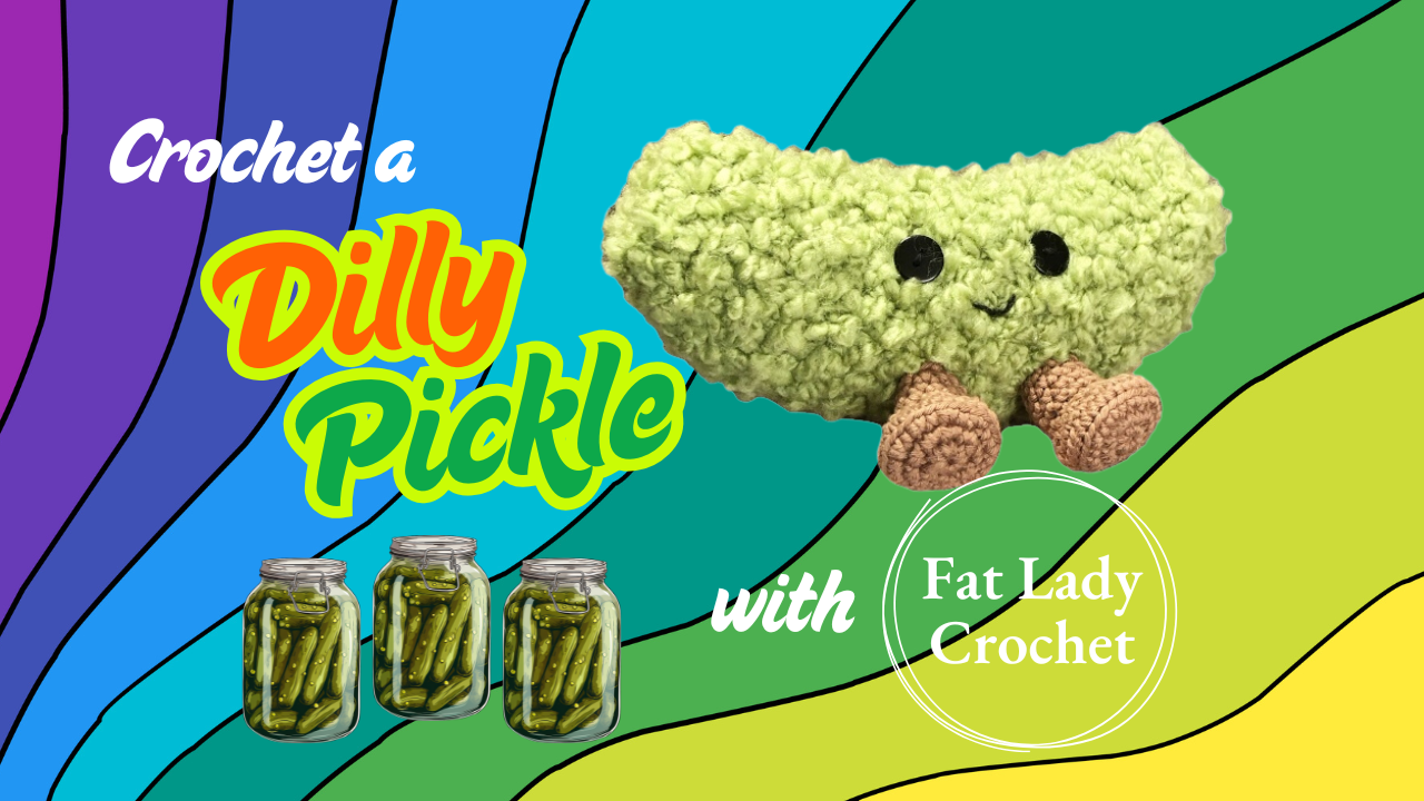 Promotional image for a crochet pattern featuring a plush toy resembling a dill pickle.