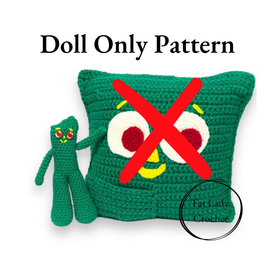 A crochet pattern for a green doll resembling Gumby, with a red not symbol indicating this is a digital pattern and not a physical doll.