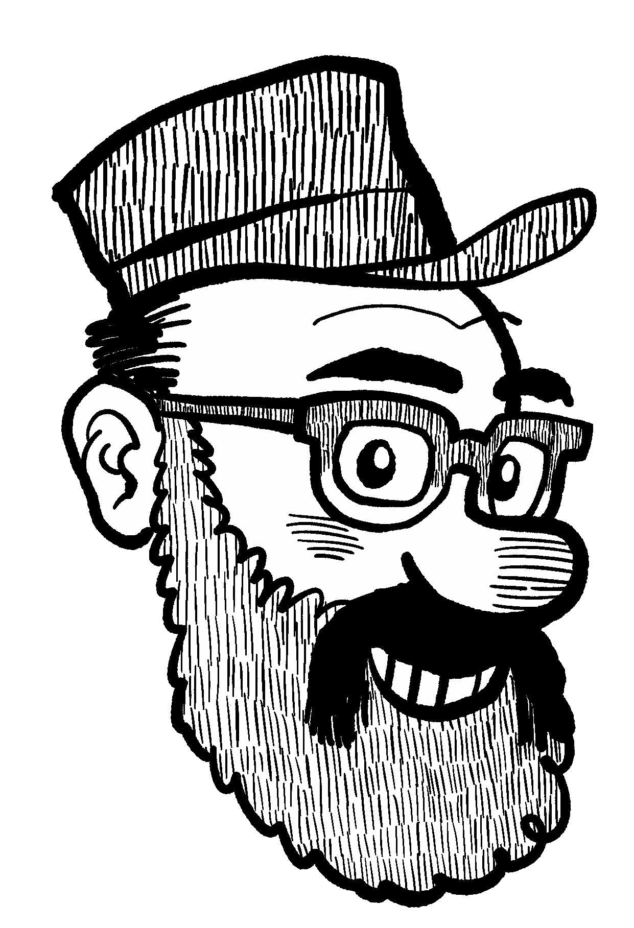 A drawing of a cartoon man named Eric Dyck, he has a beard, glasses, and hat.