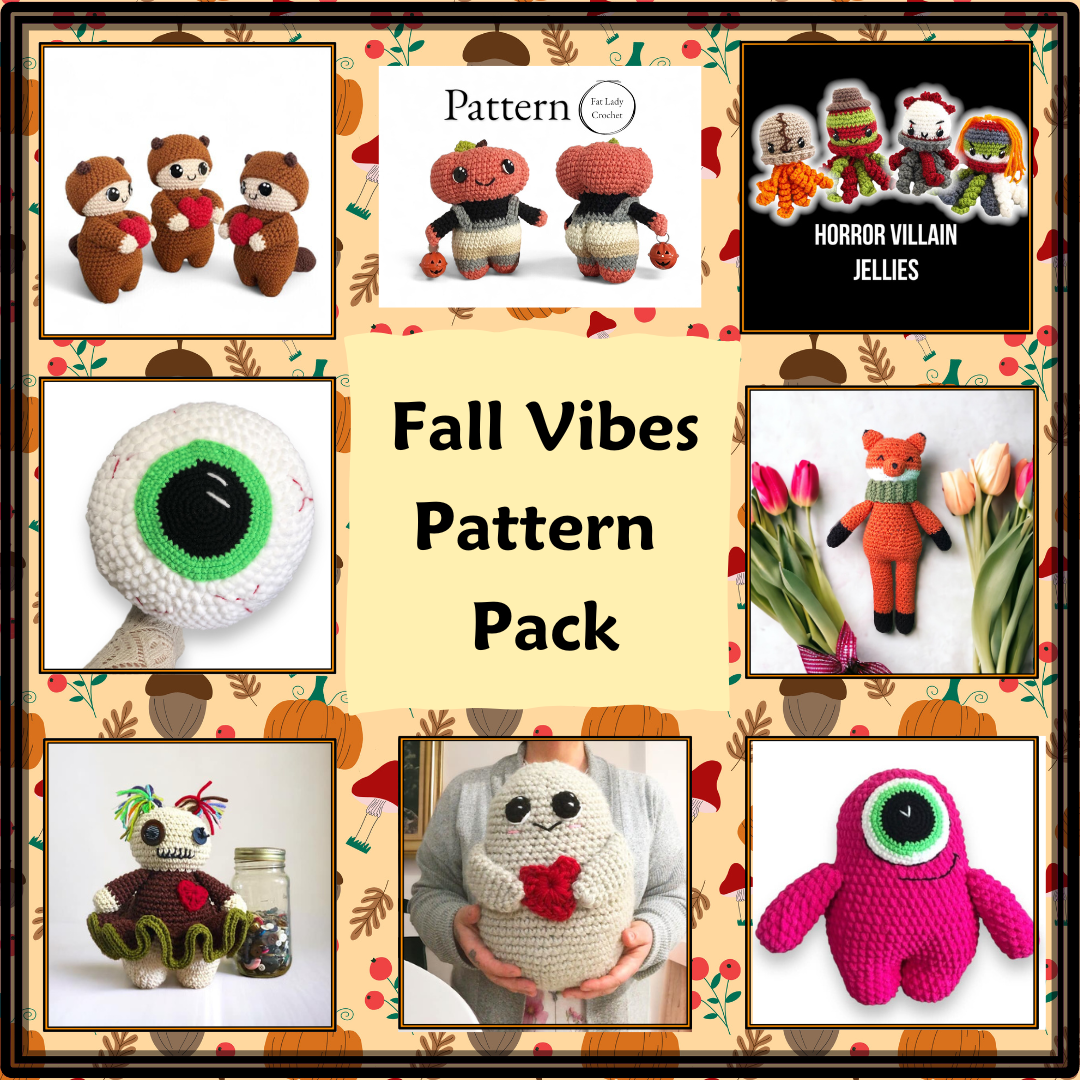 Collage of crochet patterns and finished products with a Halloween and autumn theme.