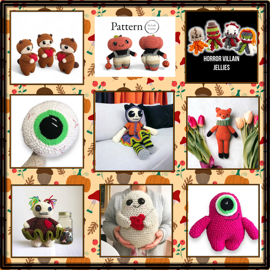 Collage of crochet patterns and finished products with a Halloween and autumn theme.