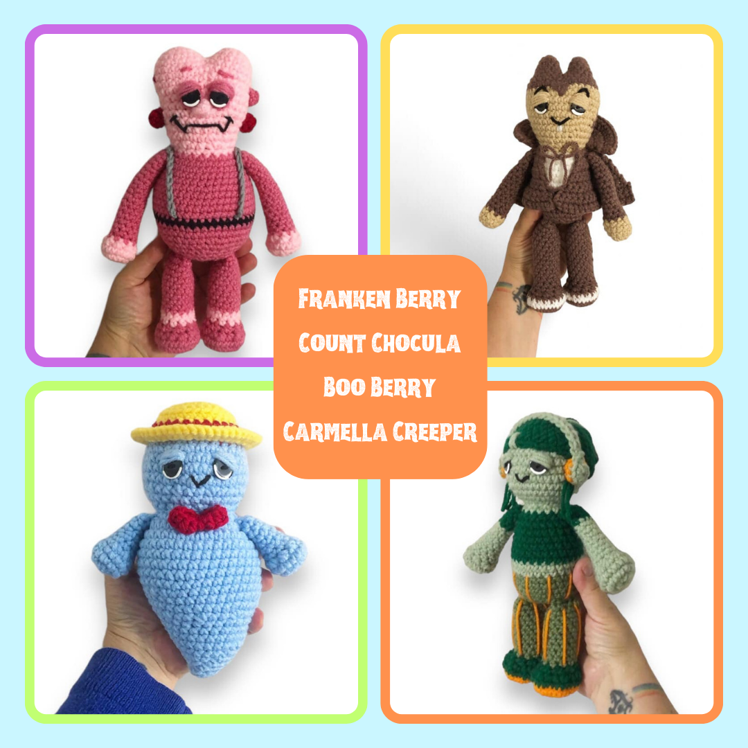 A collection of four crocheted plushie toys in the shapes of cereal mascots, including Boo Berry, Count Chocula, Franken Berry, and Carmella Creeper