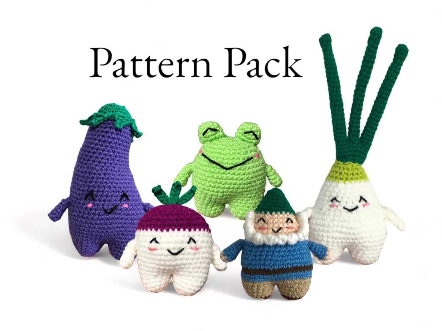 A series of crochet dolls each resembling an eggplant, a frog, a turnip, a green onion, and a gnome with a blue shirt and dark green hat with text that reads "Pattern Pack."