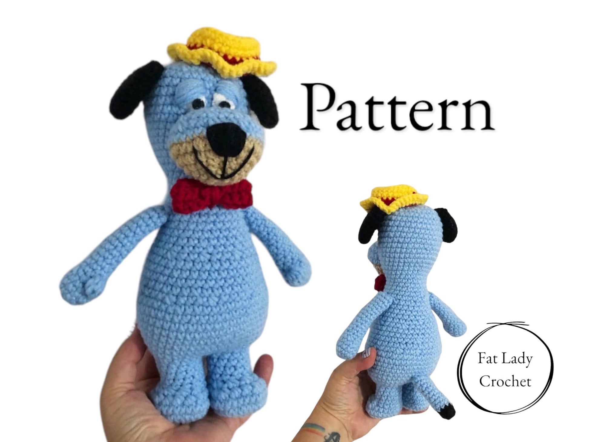 Huckleberry hound being held up against a white backdrop with text that says "Pattern."