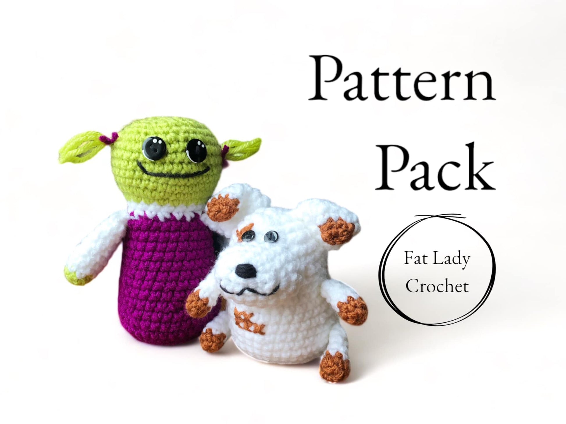 A pair of crocheted dolls resembling Mona and Russel from Nanalan standing against a white background with text that reads "Pattern Pack," and "Fat Lady Crochet."