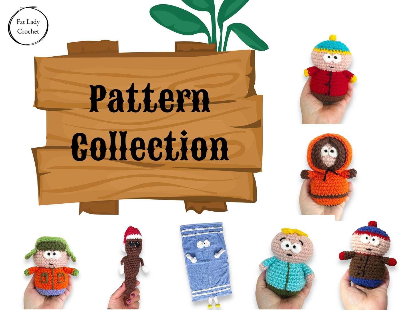 A pattern collection advertising crochet patterns for South Park characters including Kyle, Cartman, Kenny, Stan, Towlie, and Mr. Hanky the Christmas Poo.