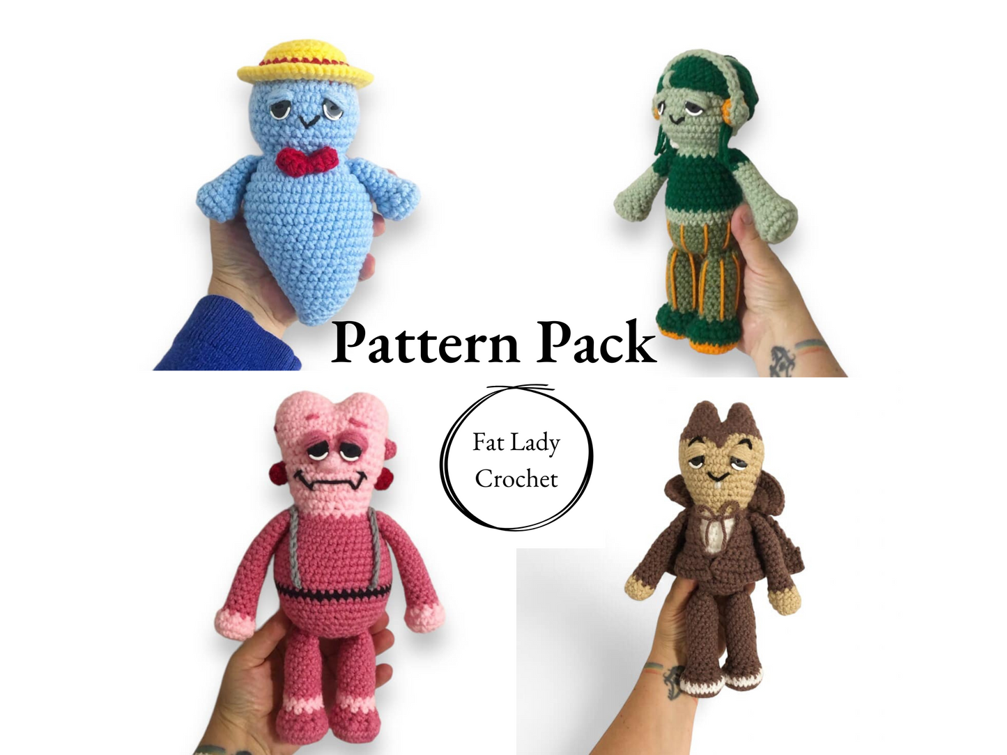 A collection of four crocheted plushie toys in the shapes of cereal mascots, including Boo Berry, Count Chocula, Franken Berry, and Carmella Creeper, with the text 'PATTERN PACK' and 'FAT LADY CROCHET'.