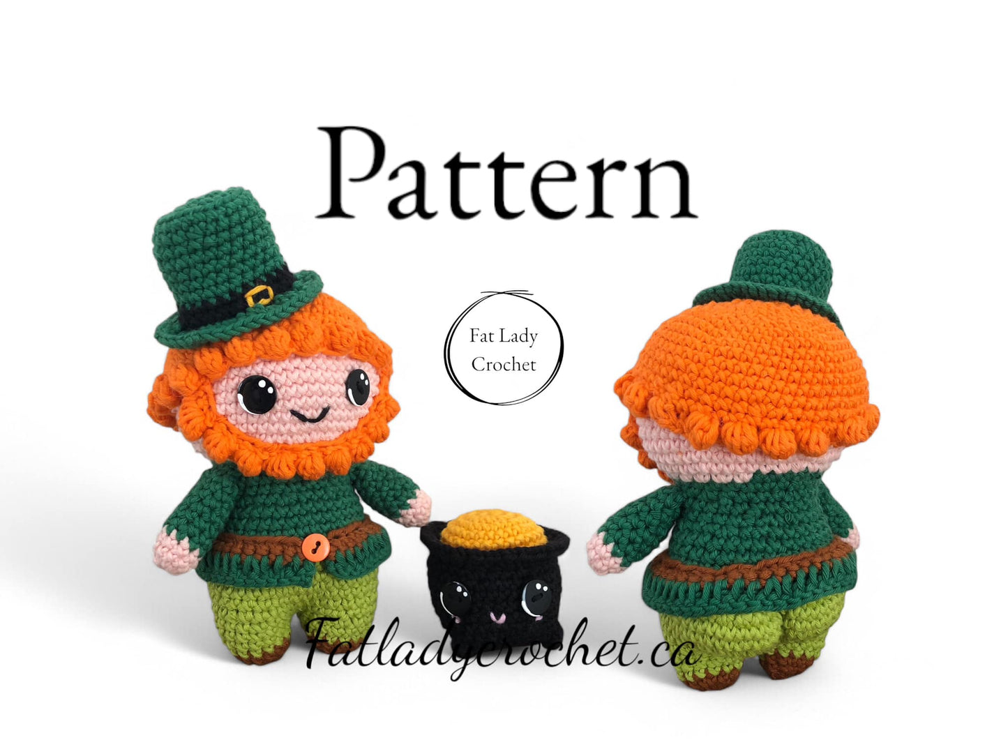 A crochet pattern advertising a crochet leprechaun doll named Patty MacBottom and a pot of gold with a smiley face.