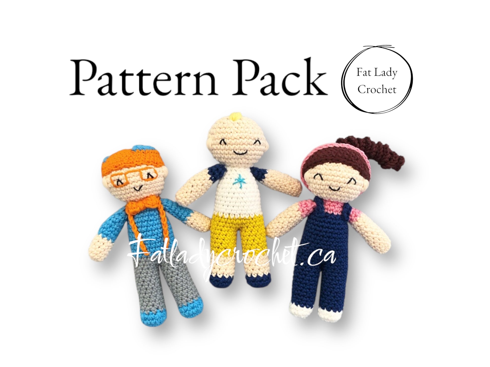 Three crocheted toy figures resembling a child with glasses, a child with a blue and yellow outfit, and a child with a blue and white outfit, all smiling and part of the 'Tiny Tots Trio' pattern pack.