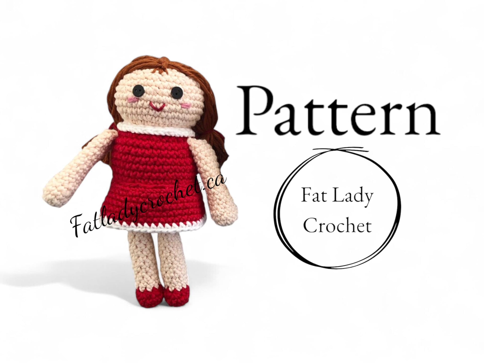 A toy from Misfit Island in Rudolph the Red-Nosed Reindeer. A crochet version of the doll with red dress and shoes and pigtails standing next to text that says "Pattern."