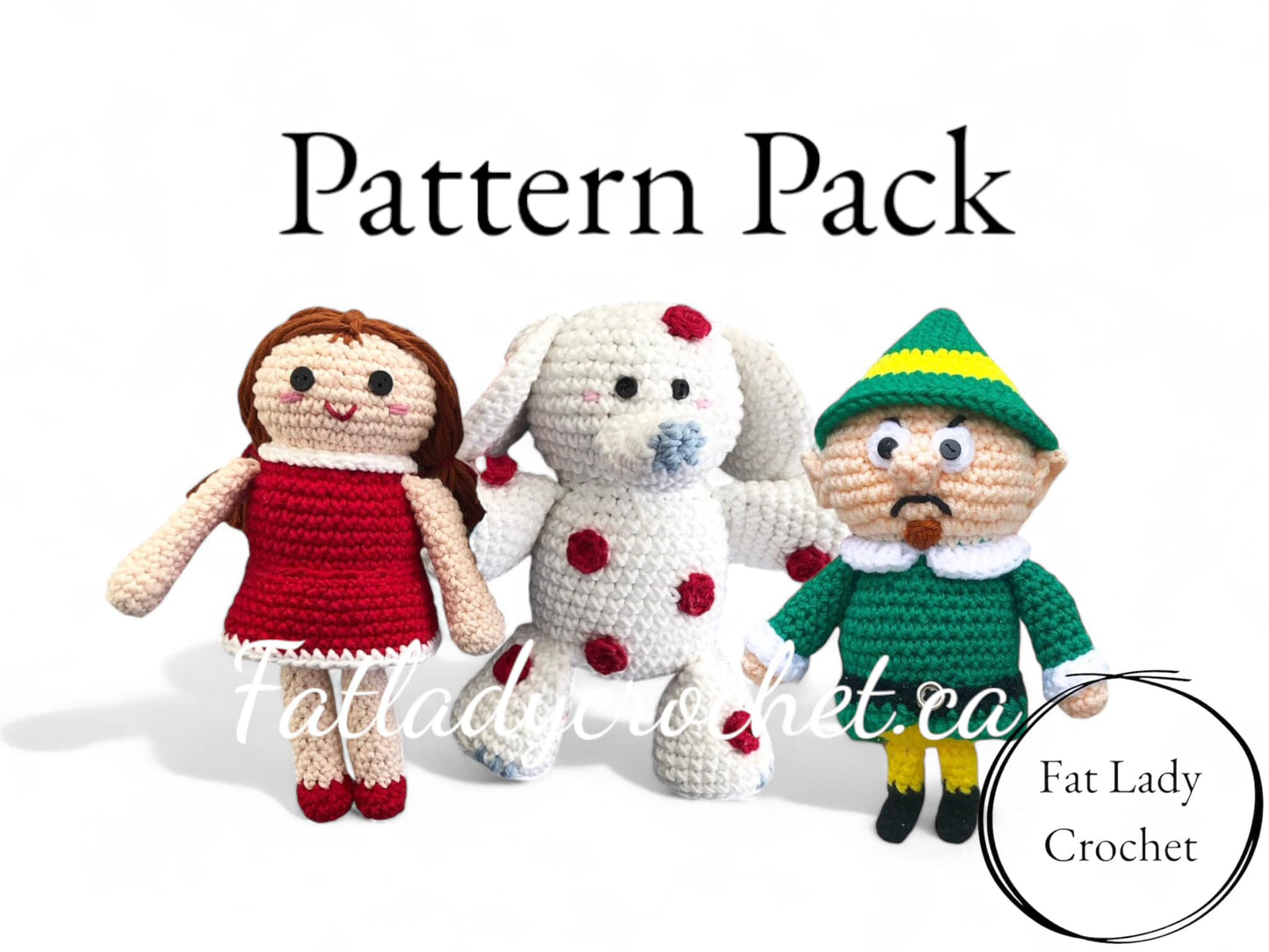 Three crochet dolls resembling some cast members from Rudolph the Red-Nosed Reindeer cast. A crocheted doll in a red dress, a white elephant with red spots, and a grumpy elf with a goatee and green outfit.