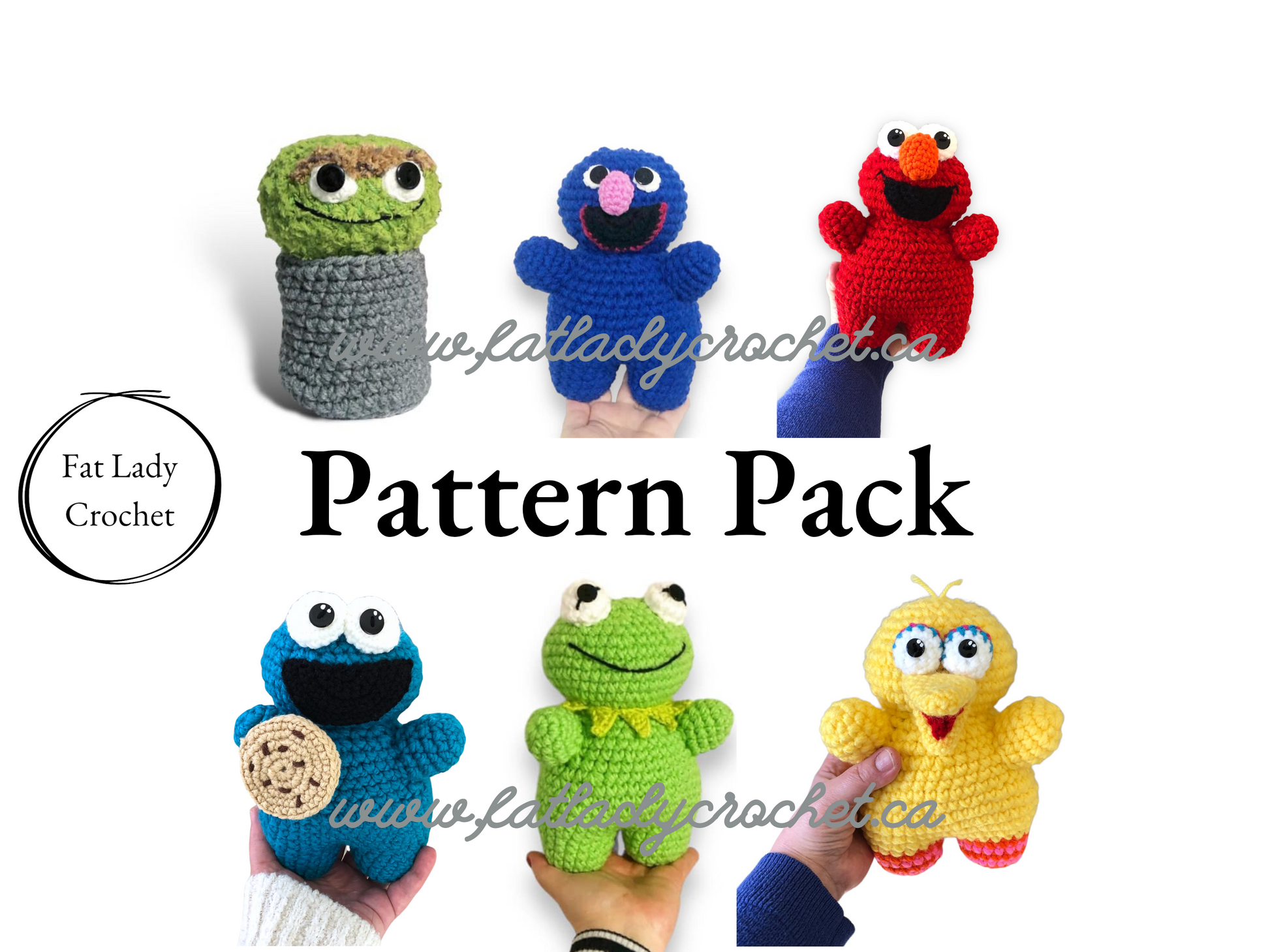 A collection of crochet patterns for Sesame Street characters including Oscar the Grouch, Big Bird, Elmo, Cookie Monster, Kermit, and Oscar. The patterns are designed by Fat Lady Crochet.