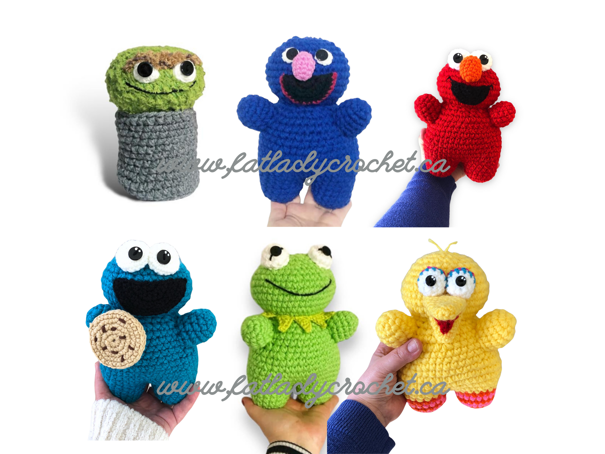 A collection of crochet patterns for Sesame Street characters including Oscar the Grouch, Big Bird, Elmo, Cookie Monster, Kermit, and Oscar. The patterns are designed by Fat Lady Crochet.