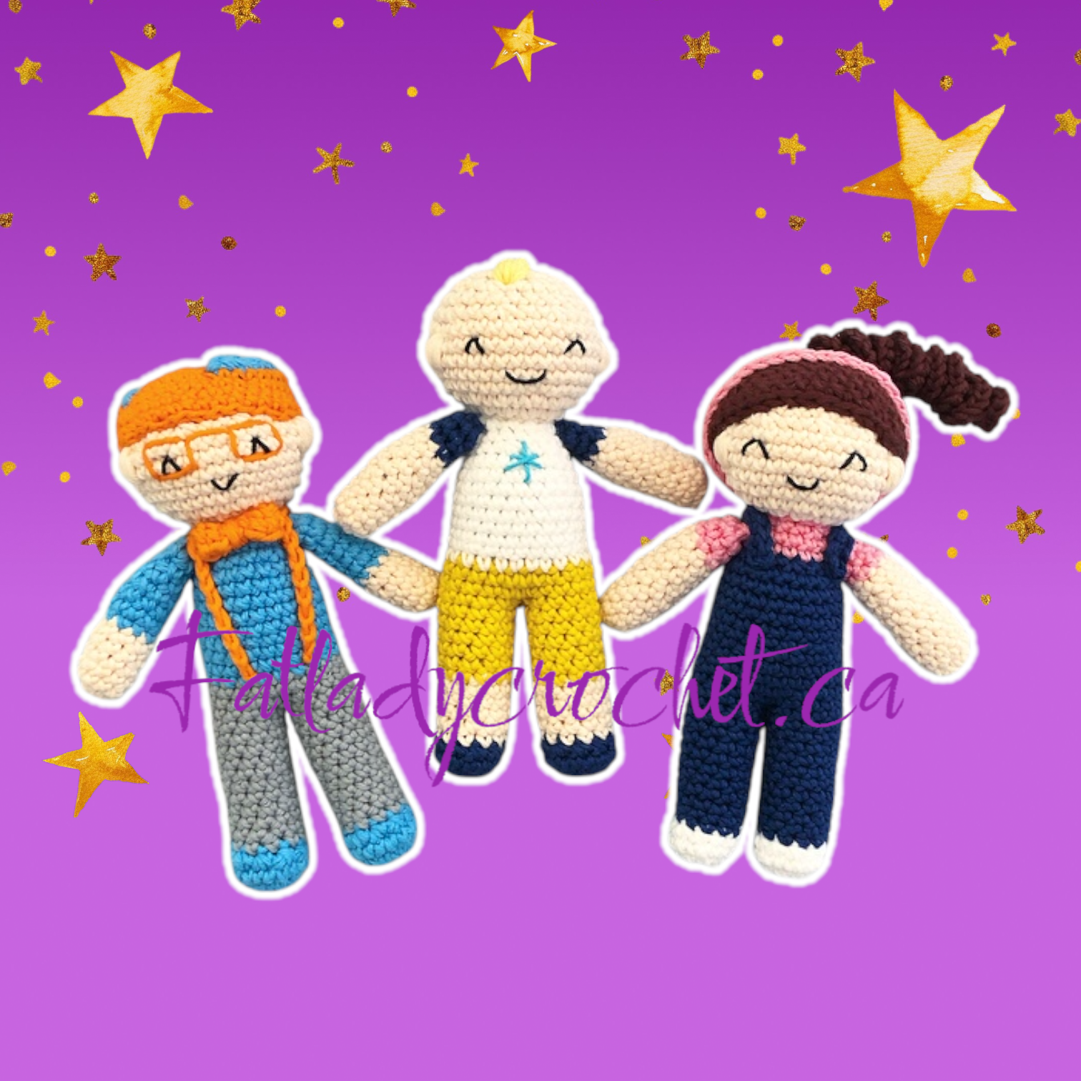 Three crocheted toy figures resembling a child with glasses, a child with a blue and yellow outfit, and a child with a blue and white outfit, all smiling and part of the 'Tiny Tots Trio' pattern pack against a purple background with stars