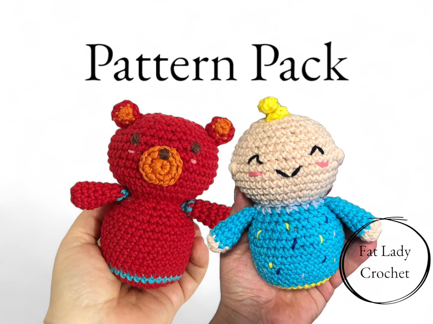 Two crochet dolls resembling characters from the children's show Cocomelon, one a bear and one a boy in blue pyjamas.