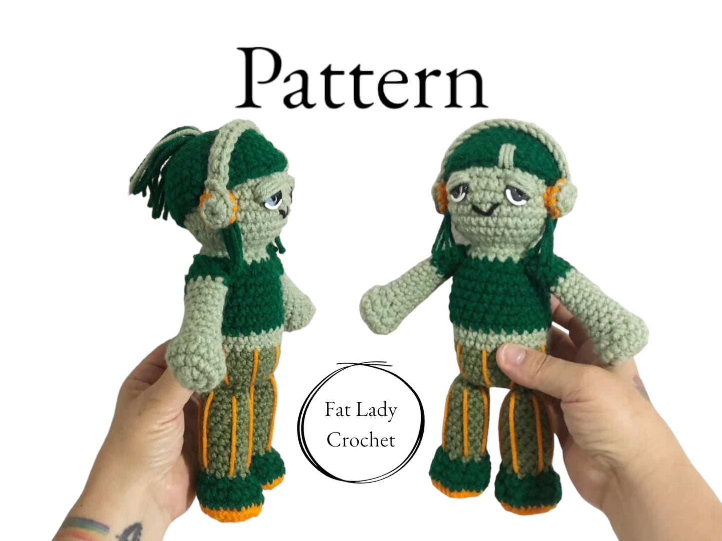 A crochet doll of Carmella Creeper being held against a white background with text that says "Pattern" and "Fat Lady Crochet