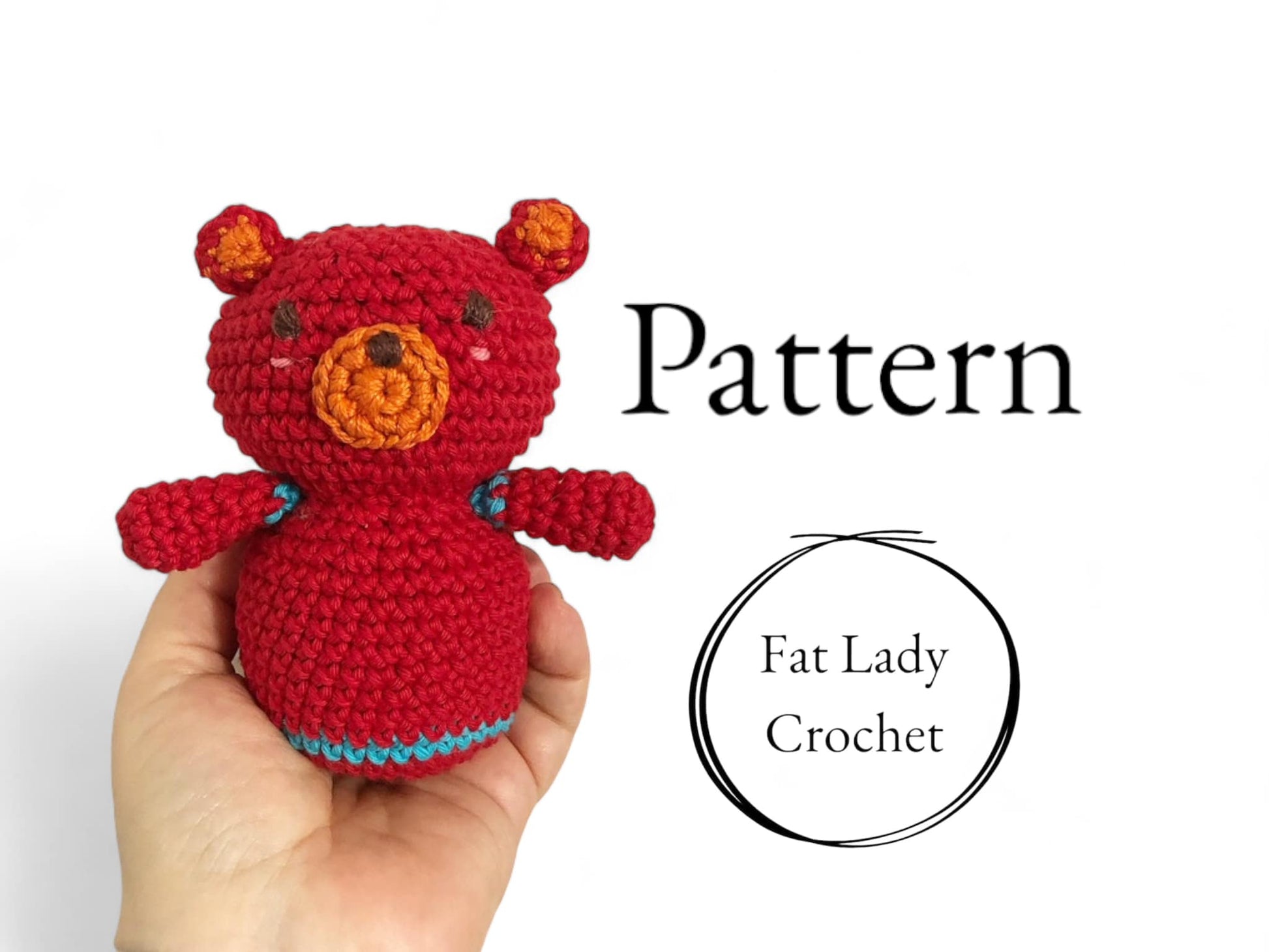 A crochet doll resembling Boba from Cocomelon being held up against a white background with text that reads "pattern," and "Fat Lady Crochet."