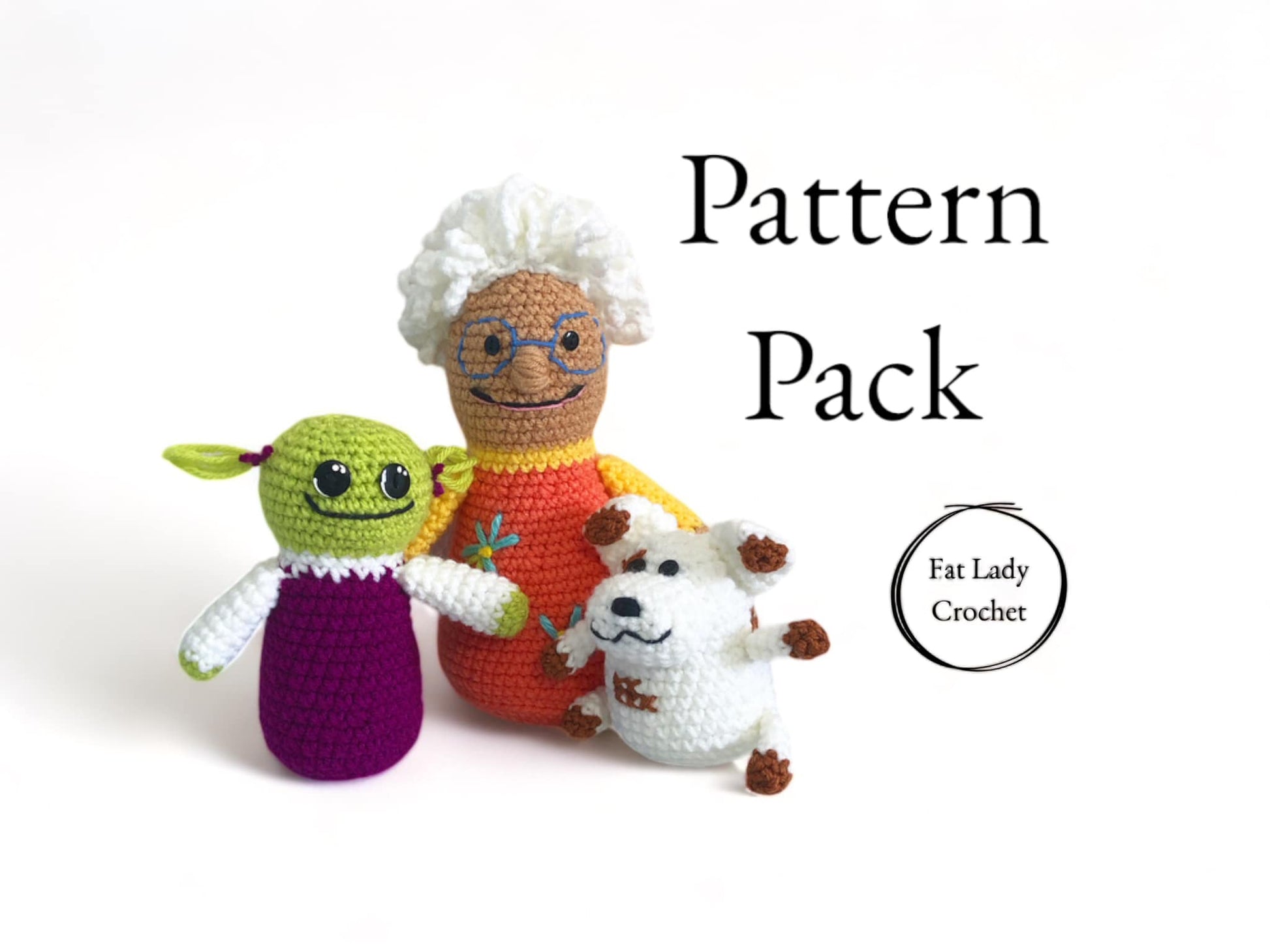 A set of crocheted dolls resembling characters from Nanalan, with Mona, Nana and Russel being shown. There is text that says "Pattern Pack," and "Fat Lady Crochet.
