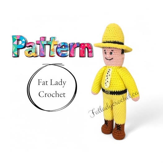 Crocheted version of the man in the yellow suit standing against white backround with text that says "Pattern."