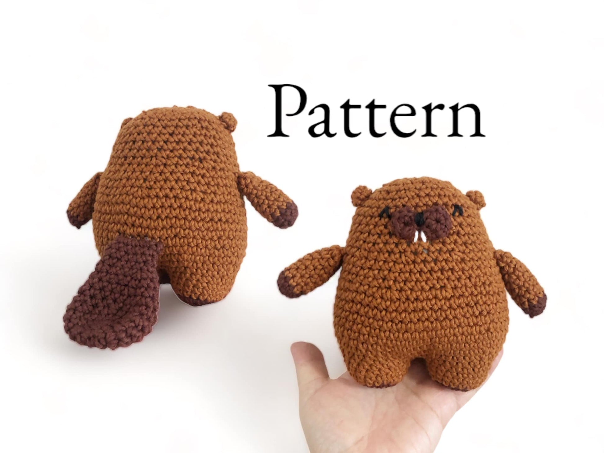 A crochet pattern for a beaver plush toy, showing two views of the beaver made from brown yarn with darker brown accents.
