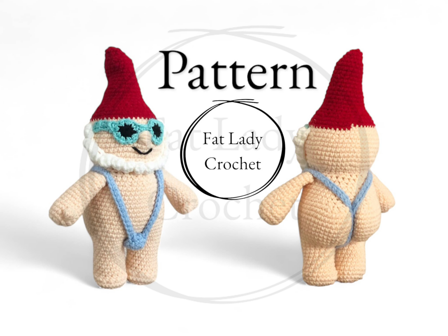 A crochet pattern for a gnome with a playful expression, wearing tiny sunglasses and a mankini swimsuit with bubble butt.