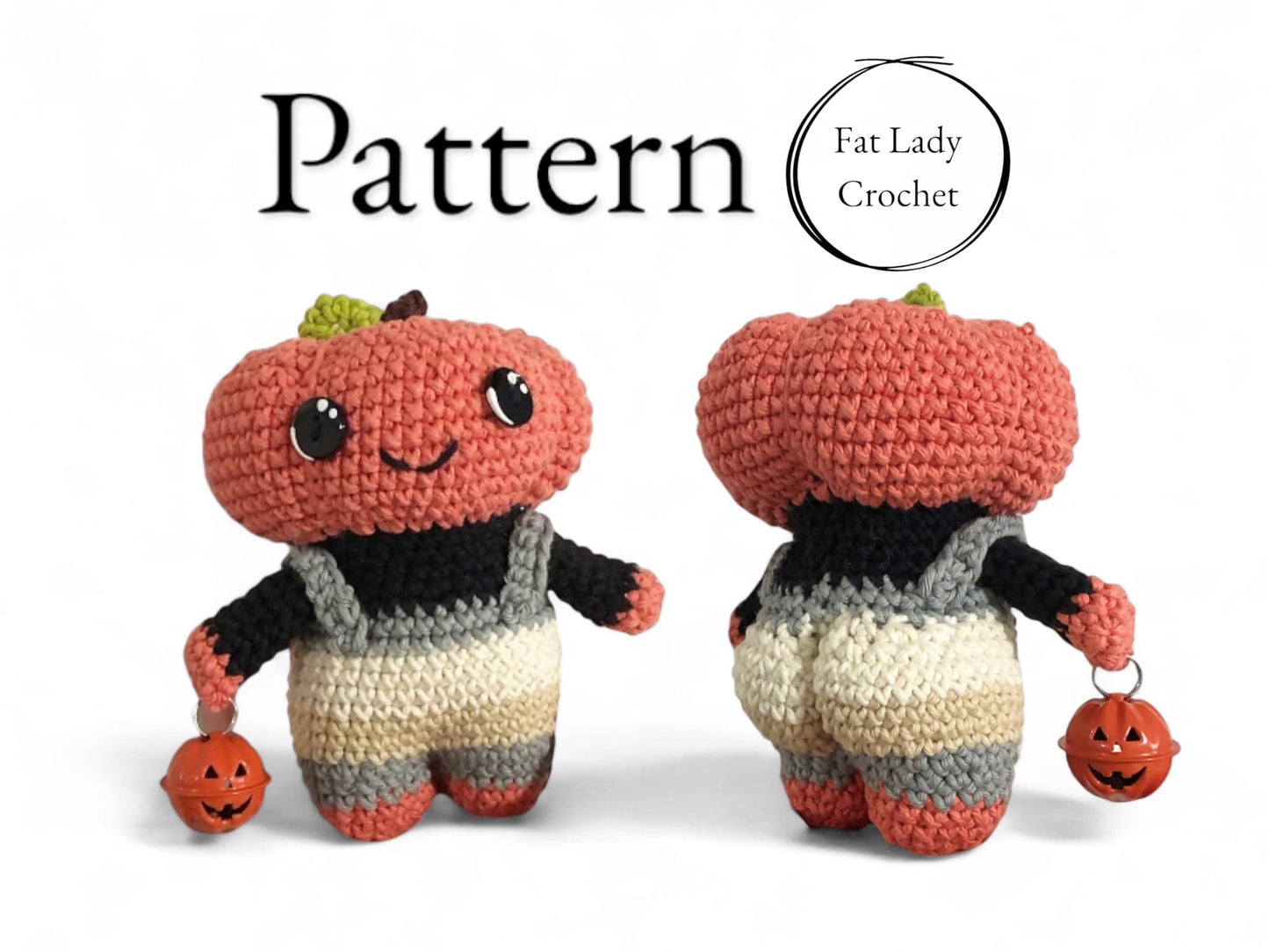 A crochet pattern for making a small, cute pumpkin head character with a smiling face, wearing a striped shirt and pants, and holding a pumpkin. The pattern is labeled with 'PATTERN FAT LADY CROCHET'.