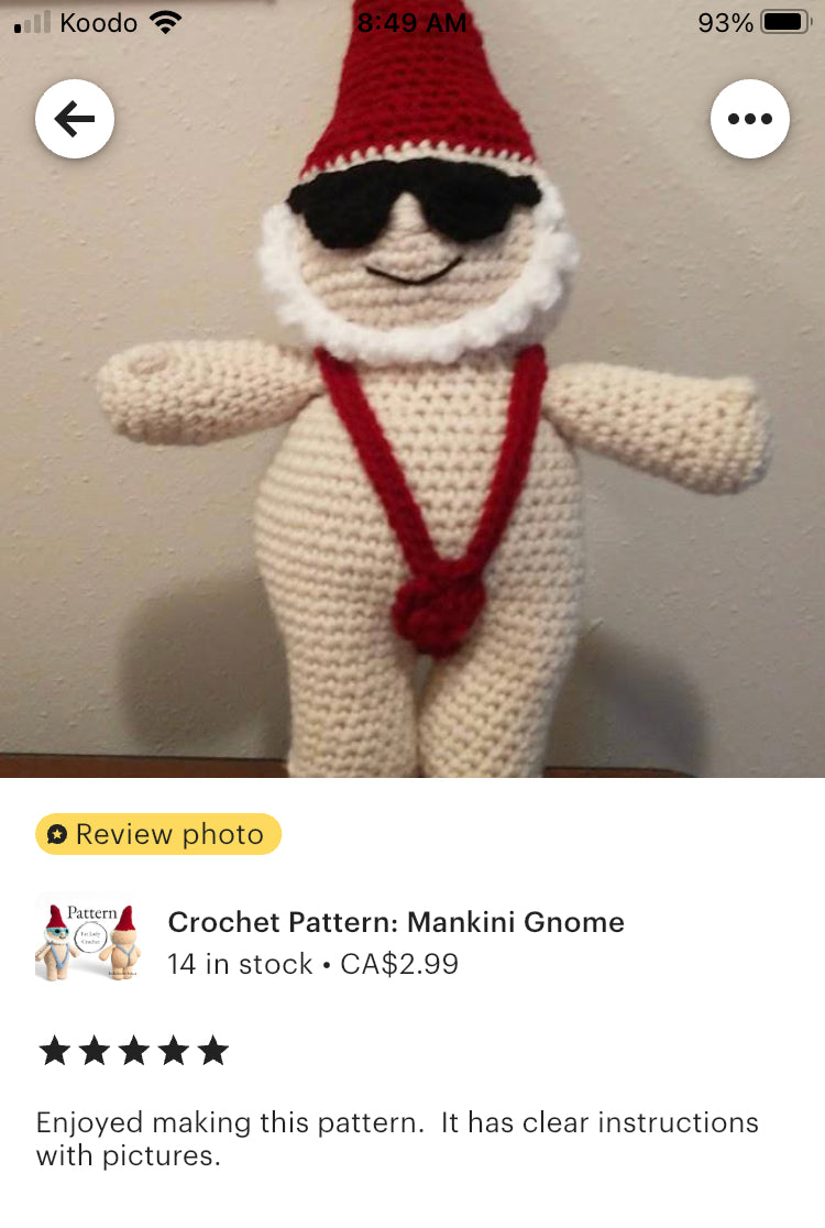 A five star review of the mankini gnome that reads "Enjoyed making this pattern. It has clear instructions with pictures."