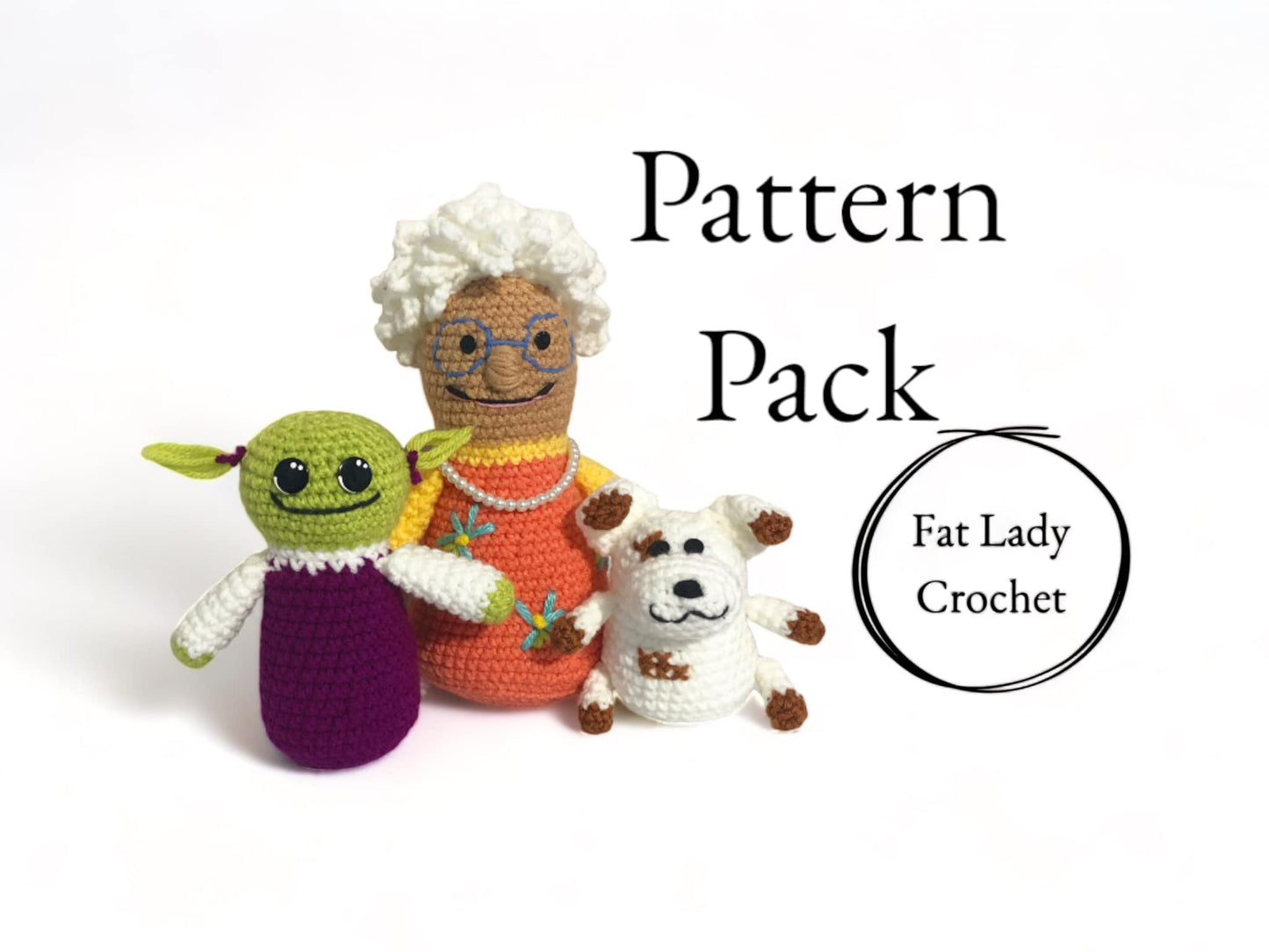 A set of crocheted dolls resembling characters from Nanalan, with Mona, Nana and Russel being shown. There is text that says "Pattern Pack," and "Fat Lady Crochet.