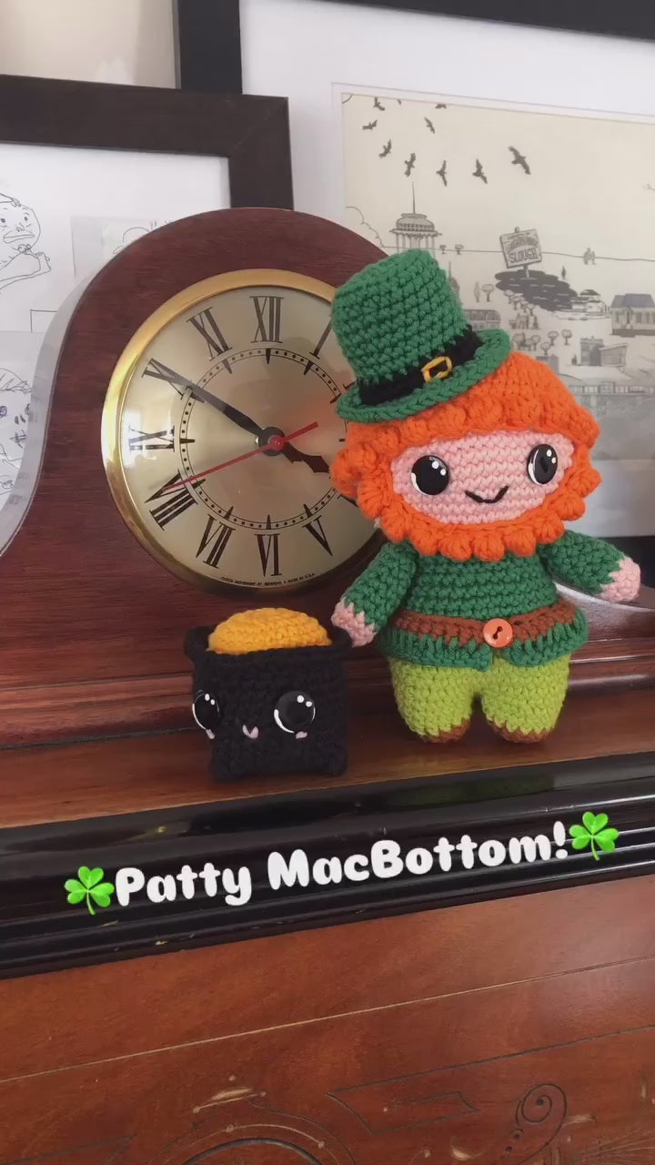 A twenty five second video advertising a crocheted leprechaun doll with a bubble butt and pot of gold