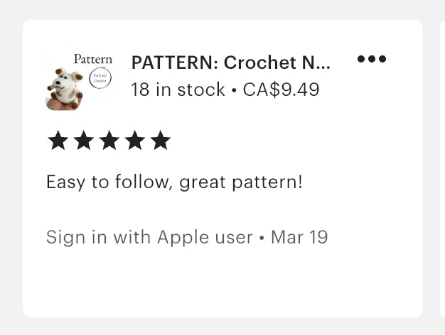 A five star review of the pattern that reads "Easy to follow, great pattern."