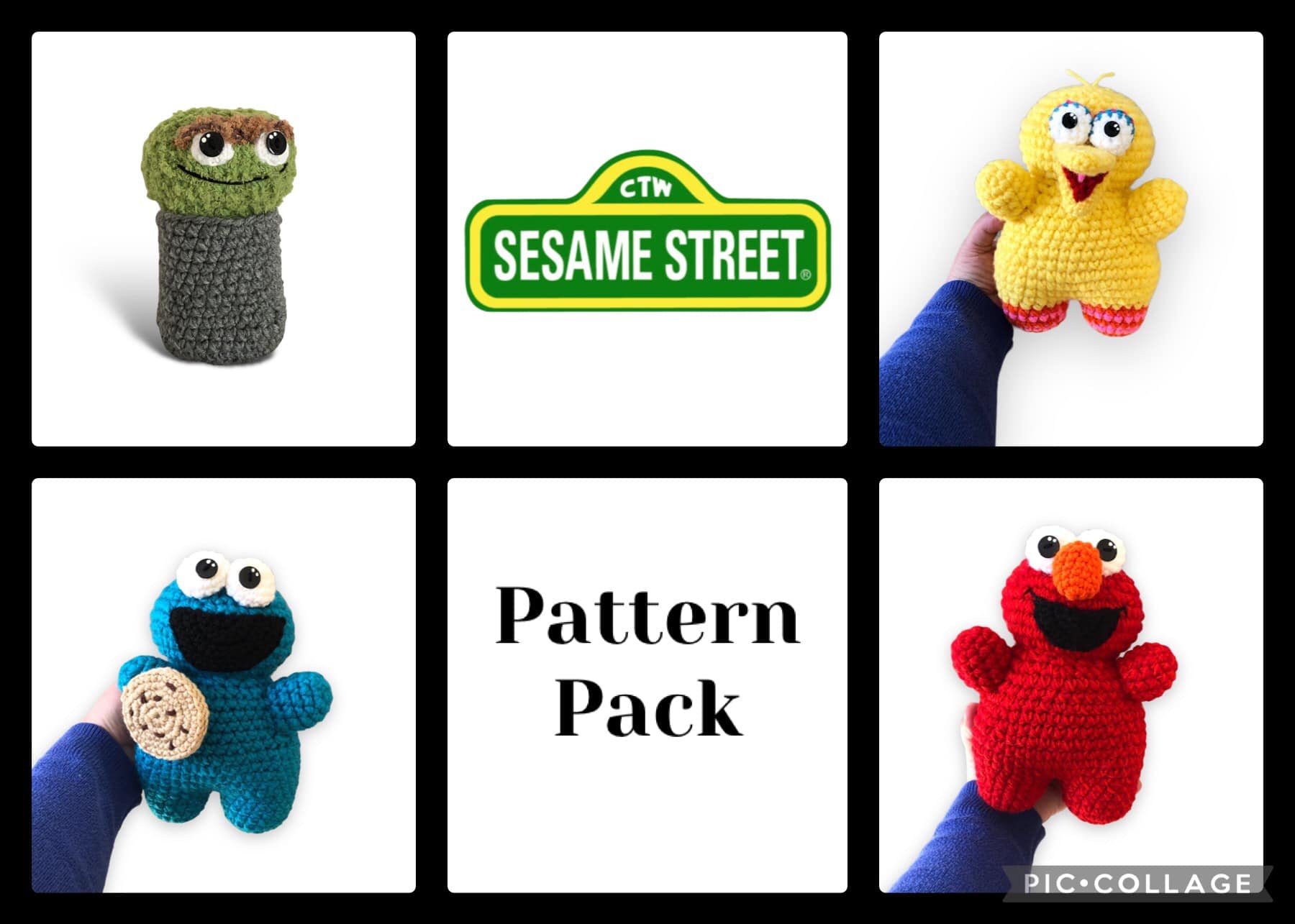 A collage of four crochet patterns from Fat Lady Crochet's Sesame 4-Pattern Pack, featuring plush toy designs of Elmo, Cookie, Big Bird, and Oscar from Sesame Street.