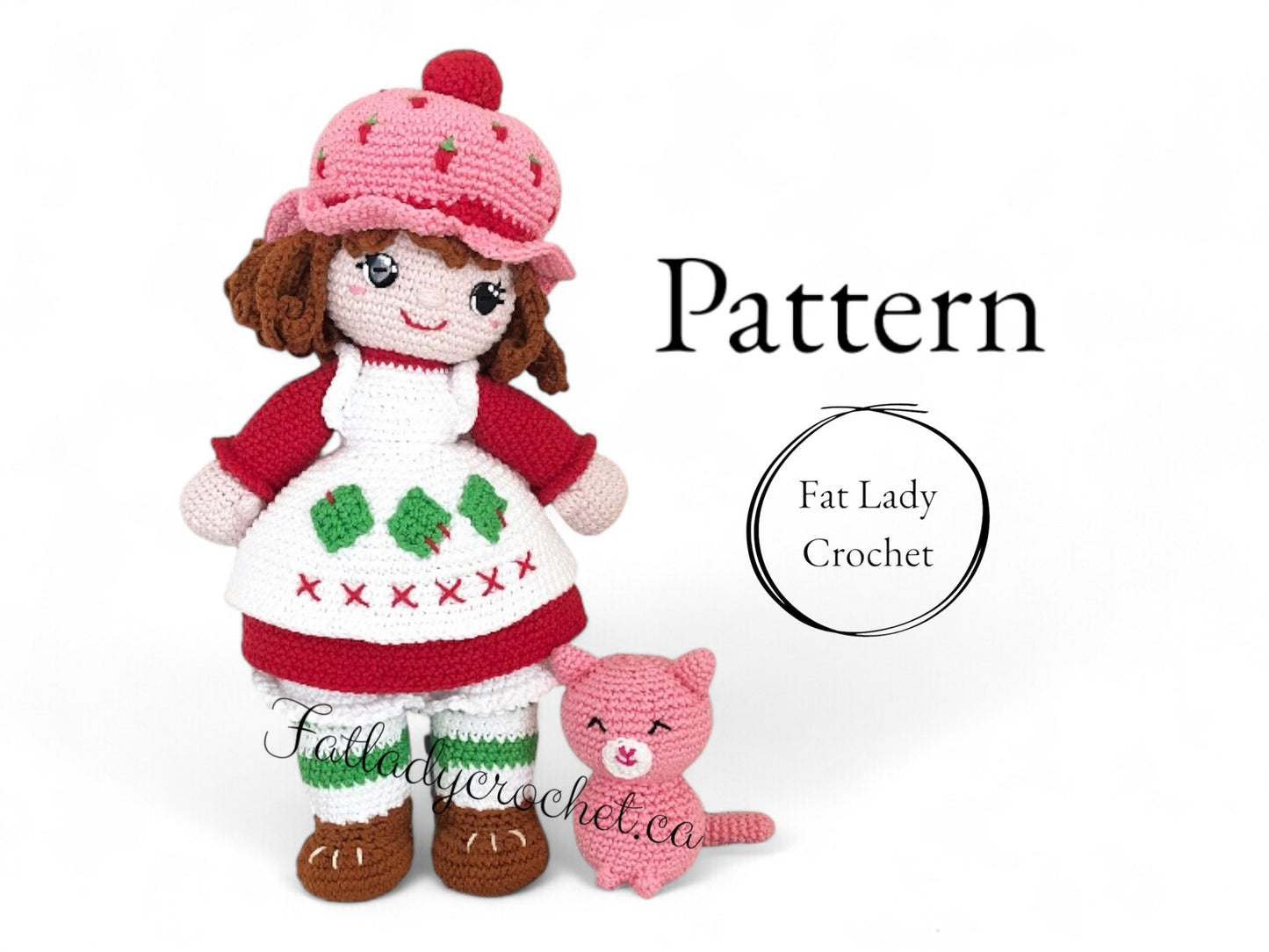 strawberry shortcake doll and custard standing together against a white background advertising the pattern advailable, with Fat Lady Crochet branding visible