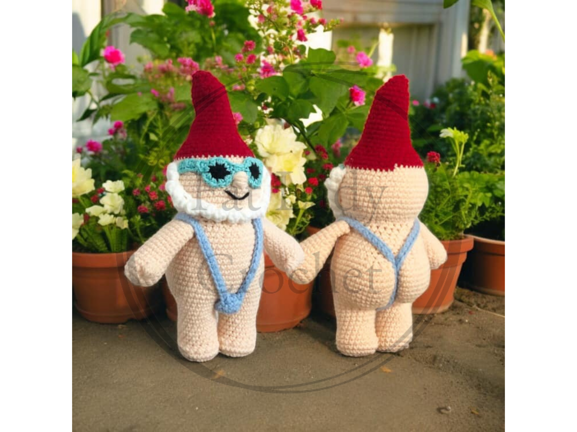 A crochet doll in a mankini and red had standing against a backdrop of a front porch.