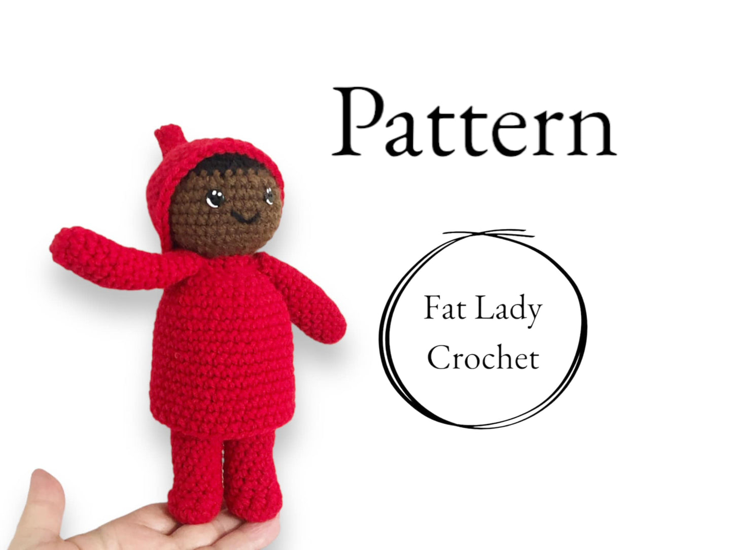 A crocheted doll resembling Peter from the children's book, The Snowy Day, being held up against a white background with text that reads "Pattern," and "Fat Lady Crochet."