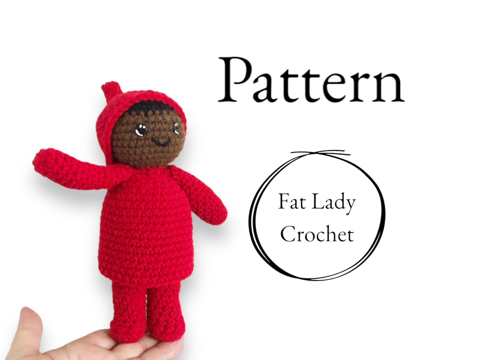 A crocheted doll resembling Peter from the children's book, The Snowy Day, being held up against a white background with text that reads "Pattern," and "Fat Lady Crochet."