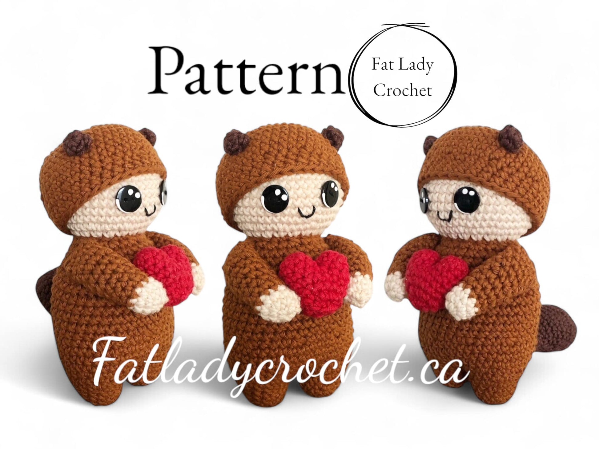 Three crochet dolls dressed like squirrels with brown bodies and beige faces, one holding a red heart, with black eyes and buttons, against a white background. Text above them says "Pattern."