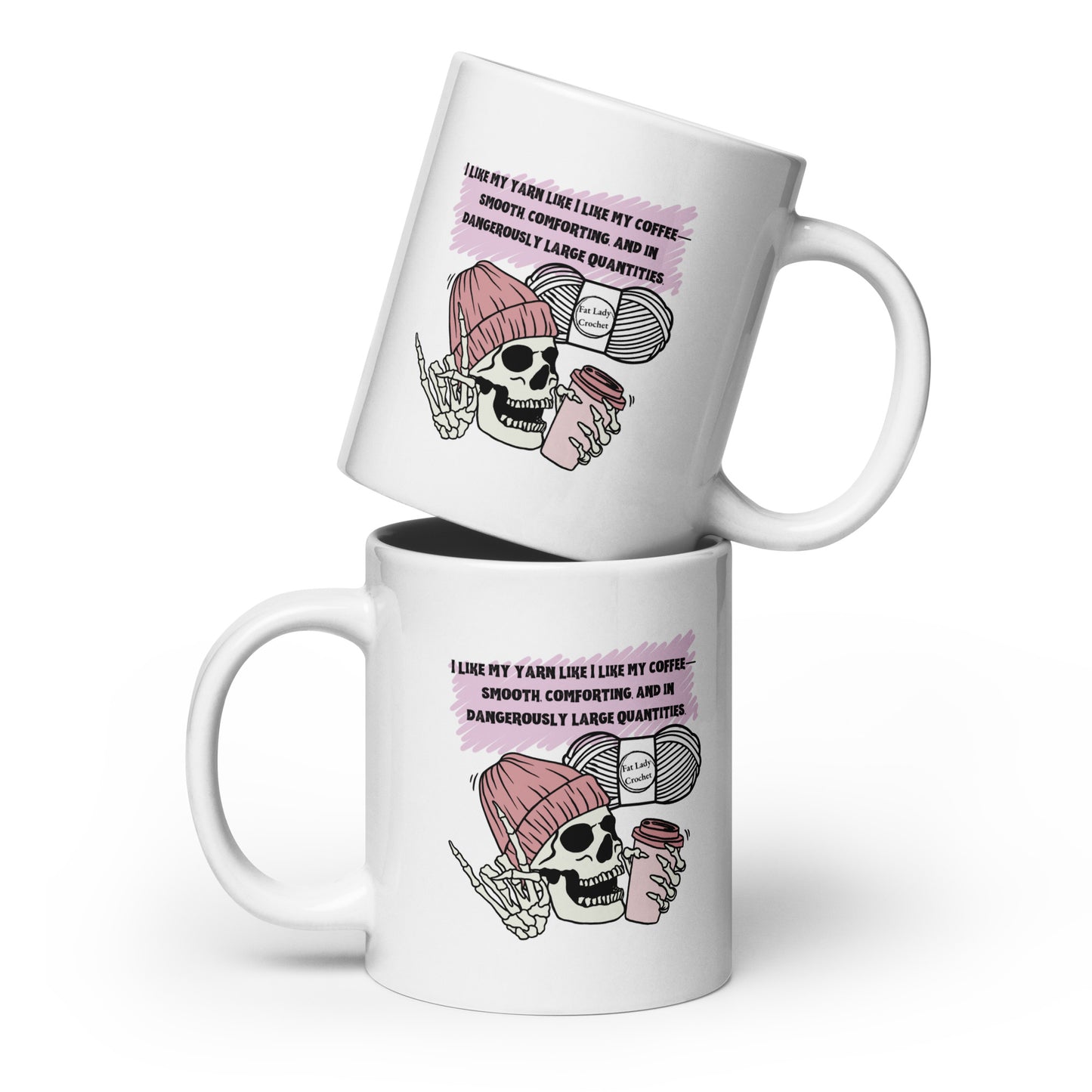 Two white mugs with skull and knitted hat designs and text on a white background