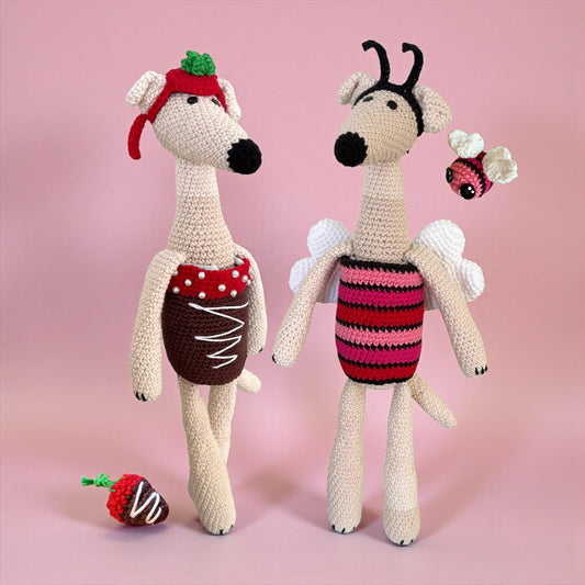 Long Dog Valentine Outfit Pattern Pack – Chocolate Strawberry & Love Bug Crochet Clothes