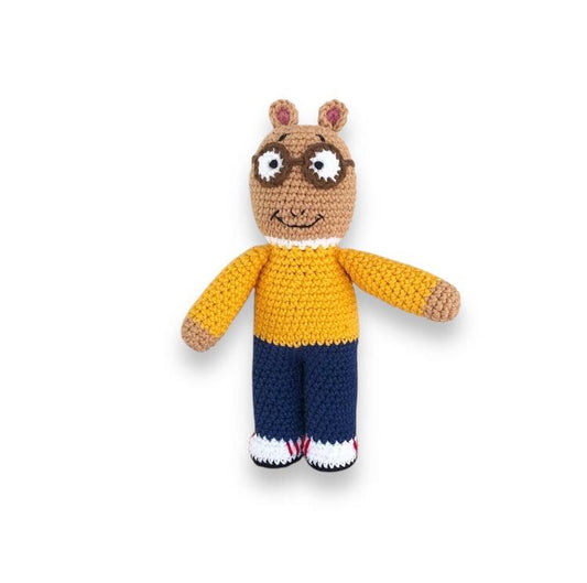 A crocheted Arthur full body picture against a white background. 