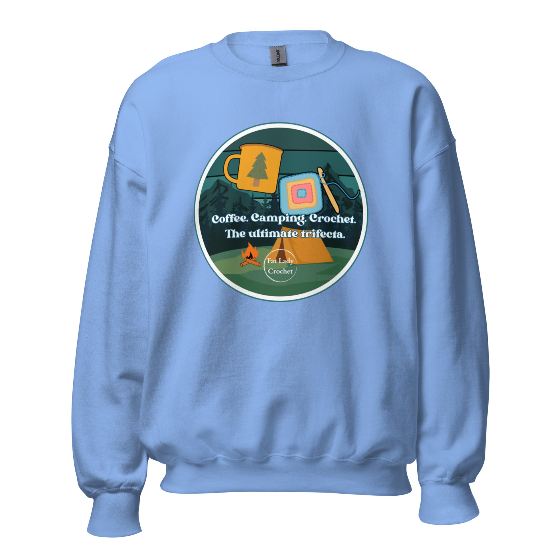 Product mockup of the logo, "Coffee. Camping. Crochet. The ultimate Trifecta," on carolina blue sweatshirt. 