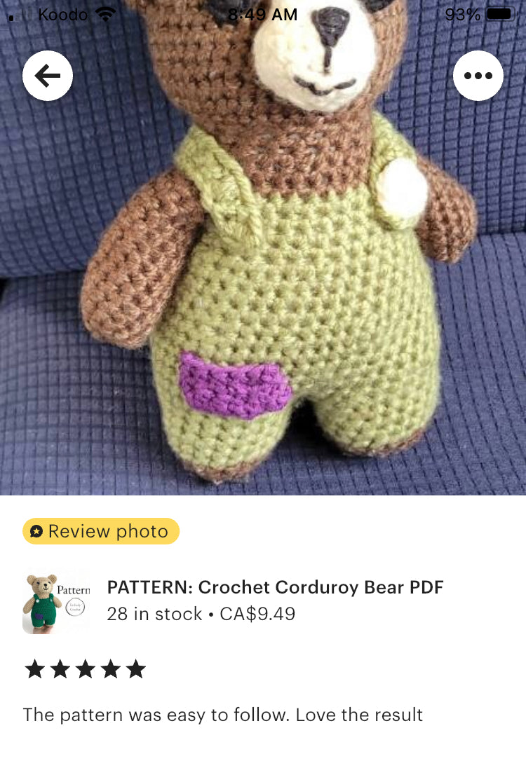 A picture of a review that is five stars and states "The pattern was easy to follow. Love the result." 